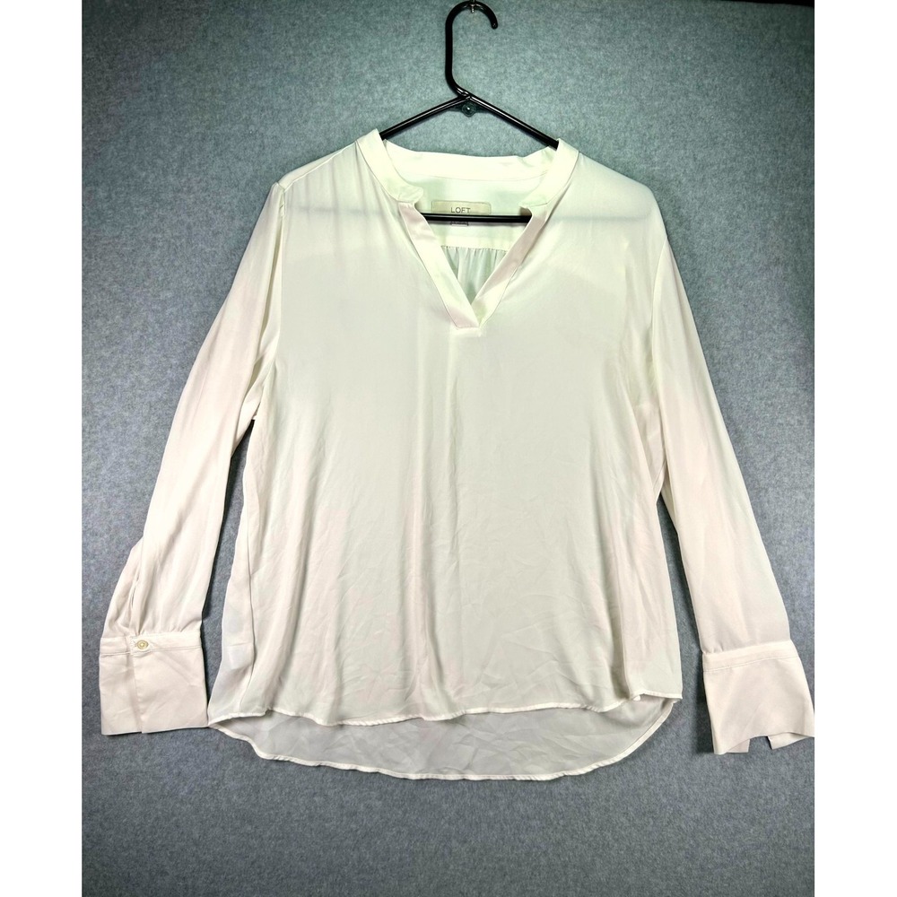 Loft Blouse Top Womens L White Split Neck Long Sleeve High Low Hem French Cuff
